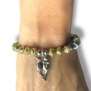 Cat Silver Charm with Beads Recycled Vintage Bracelet 6.5”